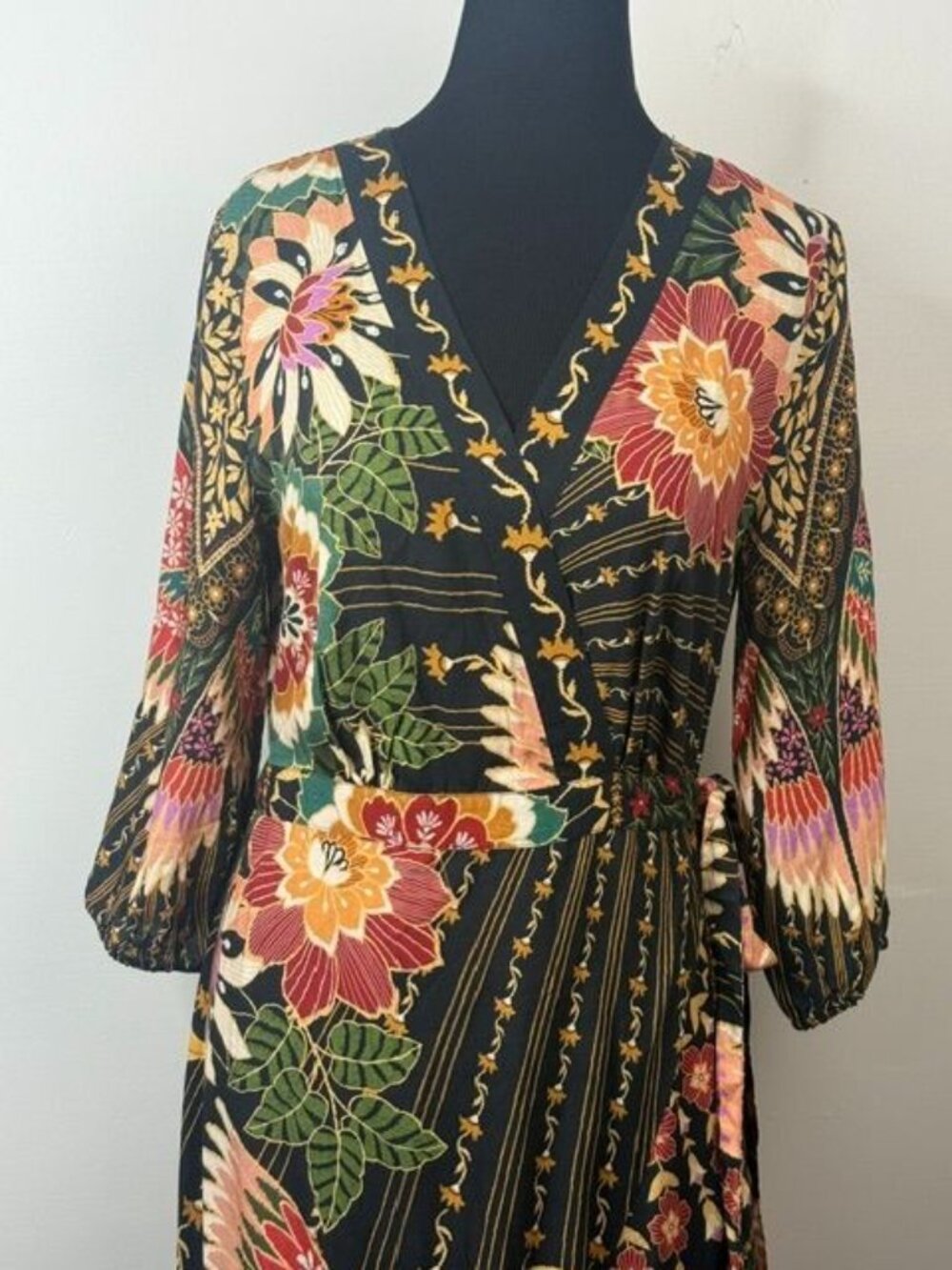Farm Rio for Anthropologie Amorina Floral Tropical 3/4 Sleeve Maxi Wrap Dress Si - Picture 3 of 7
